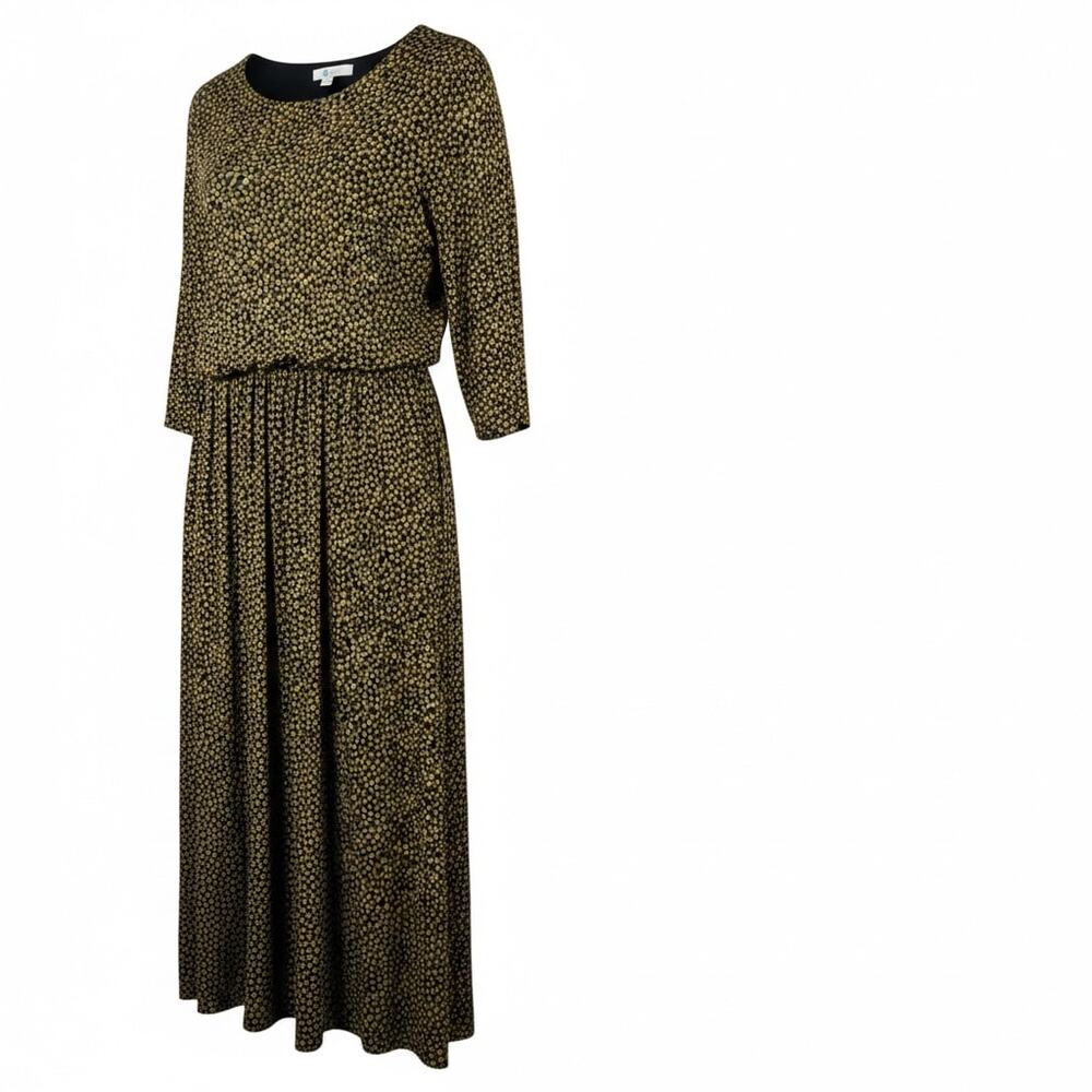 Boden navy and yellow floral print midi dress with 3/4 sleeves and gathered wais